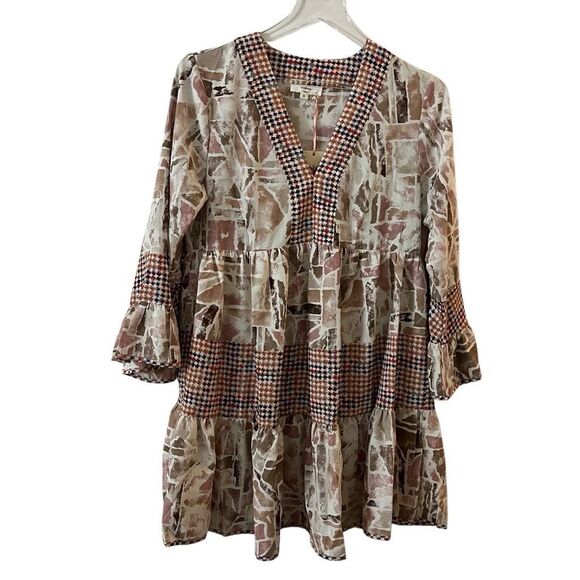 Entro Boho Tiered Mini Dress Geometric Lightweight Tunic Cottage Flowy small NWT - Picture 1 of 14